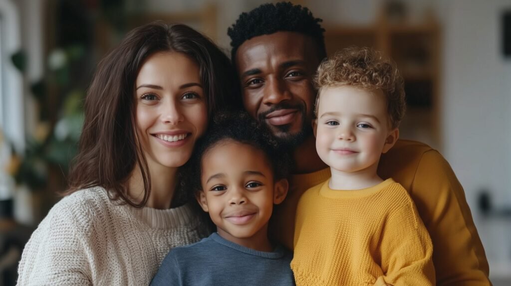 Interracial multinational family and mixed-race children. International marriage